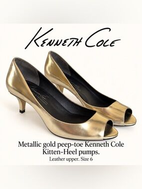 Kenneth Cole Metallic Gold Leather Peep-Toe Kitten Heels – Size 6